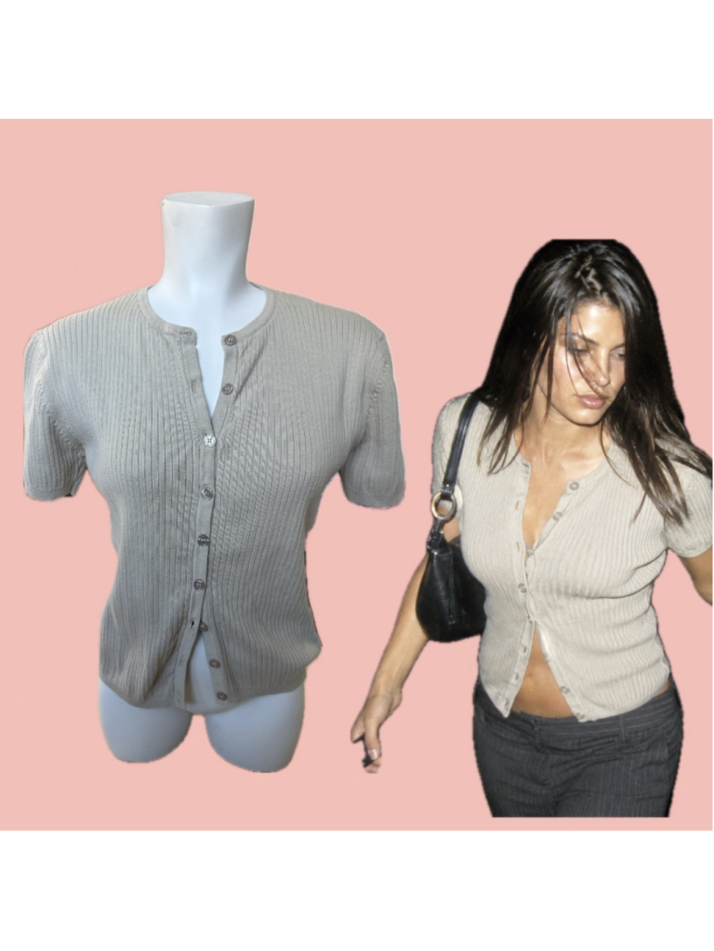 Vintage Ribbed Cotton Button Up Knit Top Beige Short Sleeve Cardigan Size L